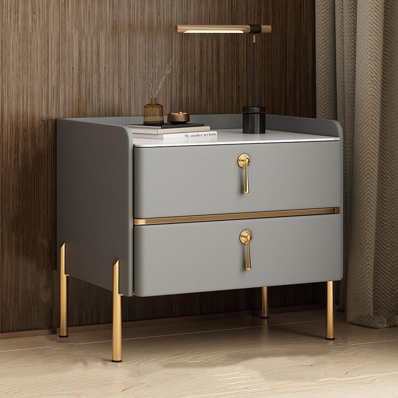 Modern Solid Wood Rock Slab Leather Nightstand — Light Gray