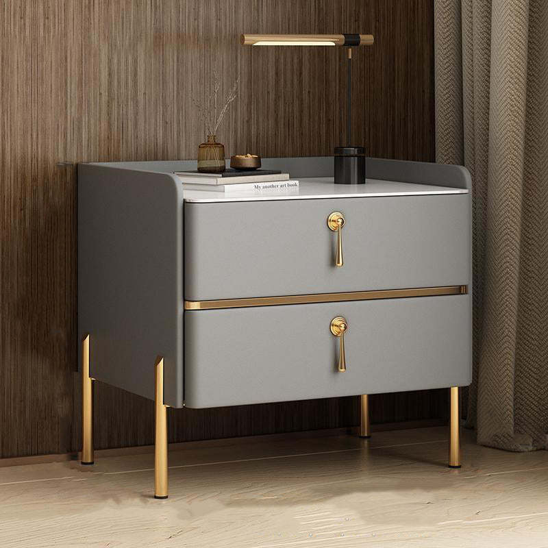 Modern Solid Wood Rock Slab Leather Nightstand — Light Gray