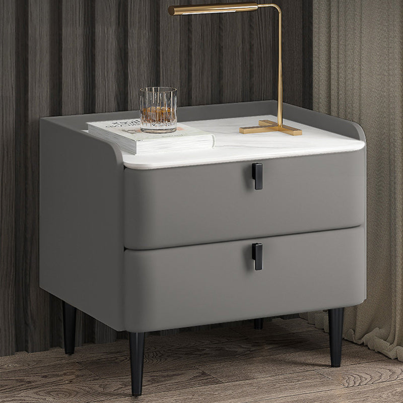 Modern Leather Pine Wood Carbon Steel Nightstand 2-Drawer — Light Gray & Gold Leg