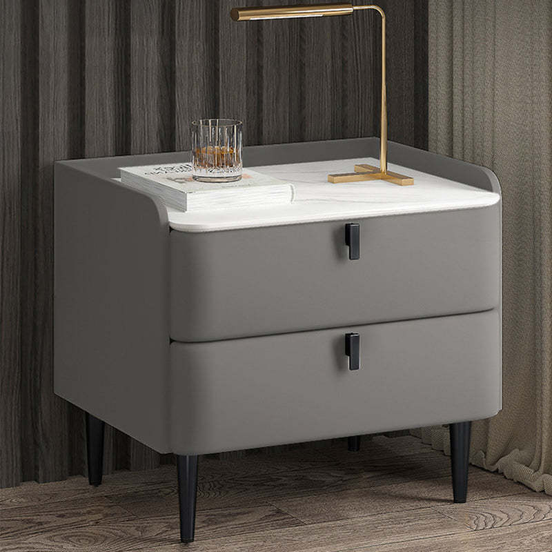 Modern Leather Pine Wood Carbon Steel Nightstand 2-Drawer — Light Gray & Gold Leg
