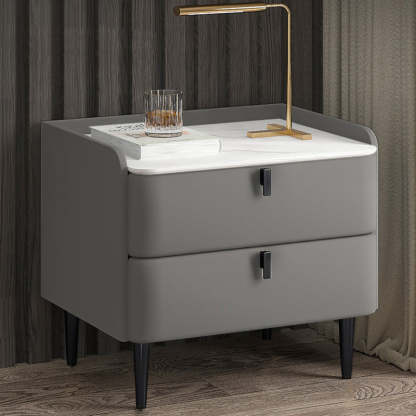 Modern Leather Pine Wood Carbon Steel Nightstand 2-Drawer — Light Gray & Gold Leg