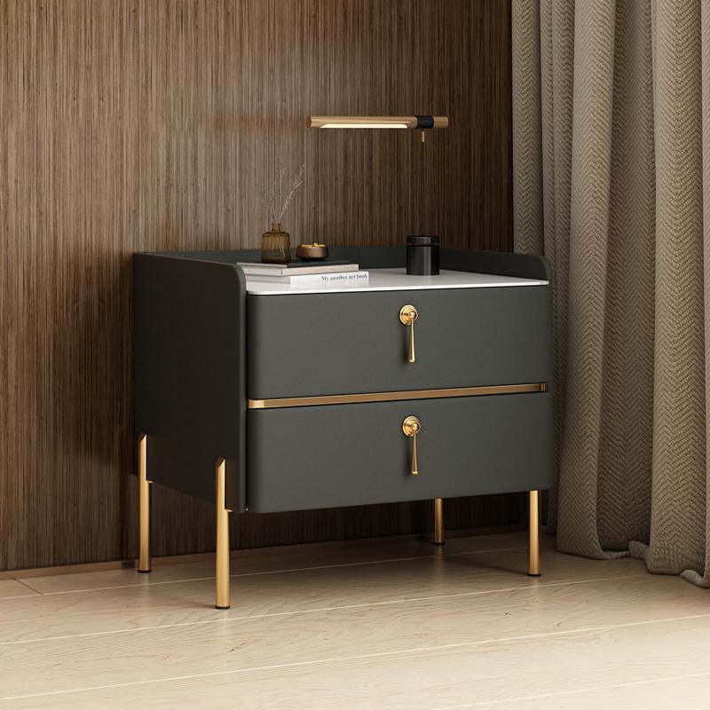 Modern Solid Wood Rock Slab Leather Nightstand — Dark Gray