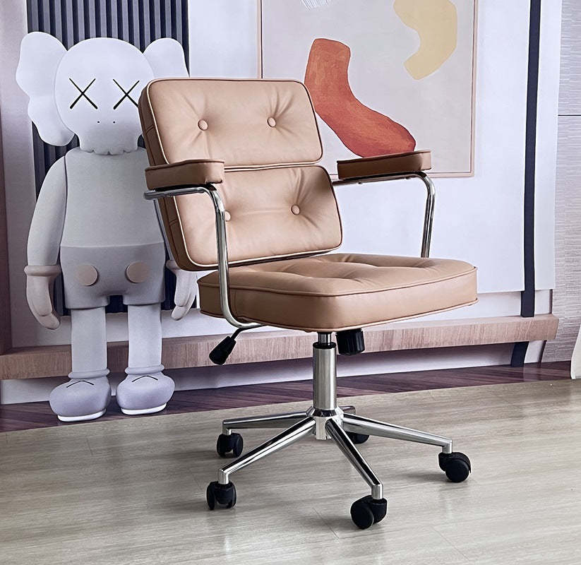 Nordic Leather Metal Desk Chair — Single Backrest & White Beige