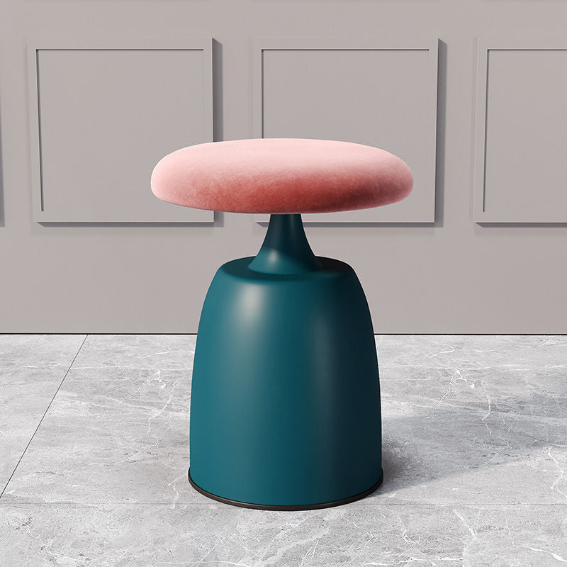 Minimalist Cylinder Fabric Metal Vanity Stool — Kilobird Check + Blue Base