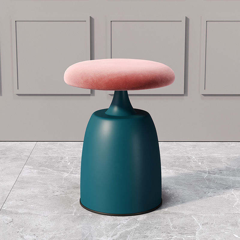Minimalist Cylinder Fabric Metal Vanity Stool — Kilobird Check + Blue Base