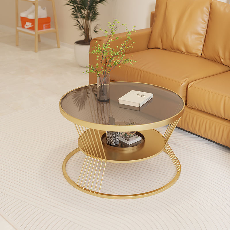 Modern Luxury Tempered Glass Iron 2-Tier End Table — Gold / Tea - Colored Glass
