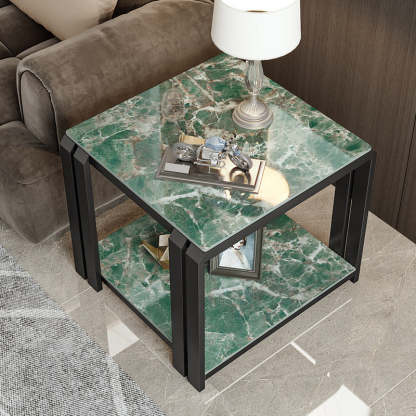 Luxury Square Rock Slab Metal 2-Tier Side Table — Black