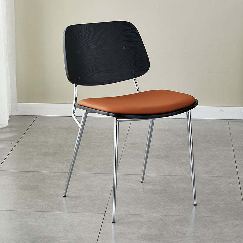 Scandinavian Leather Metal Dining Chair — Black Legs / Original Wood Color / Beige