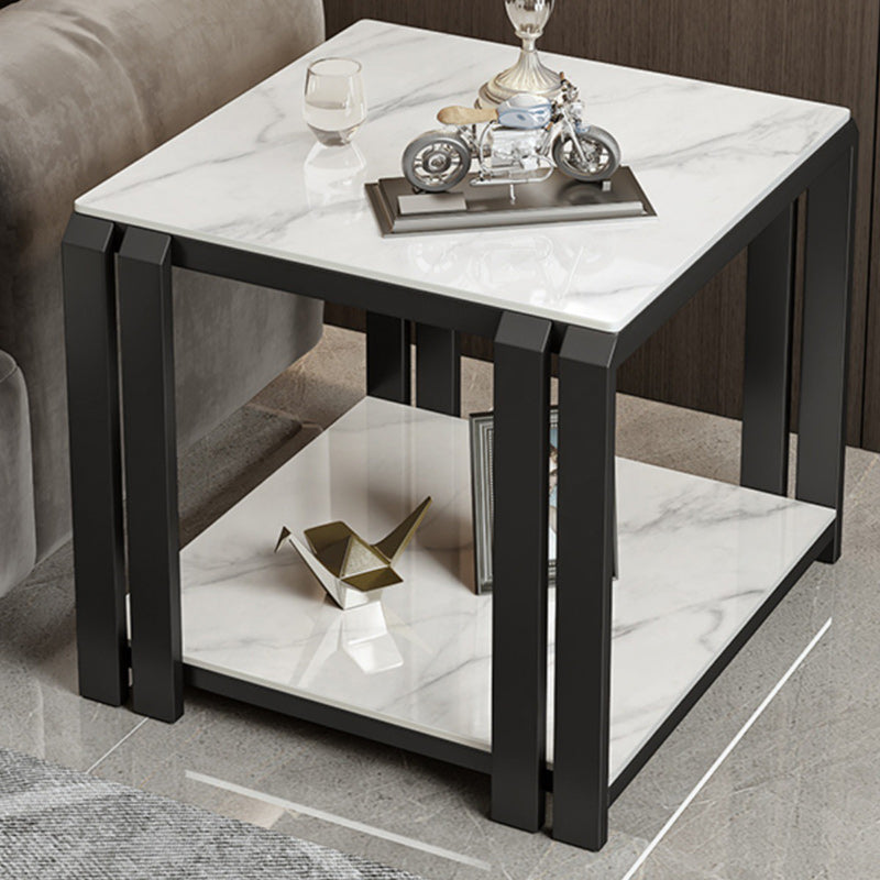 Luxury Square Rock Slab Metal 2-Tier Side Table — Black