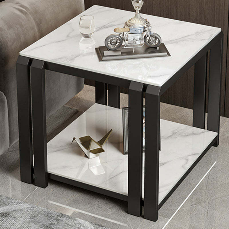Luxury Square Rock Slab Metal 2-Tier Side Table — Black