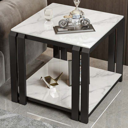 Luxury Square Rock Slab Metal 2-Tier Side Table — Black