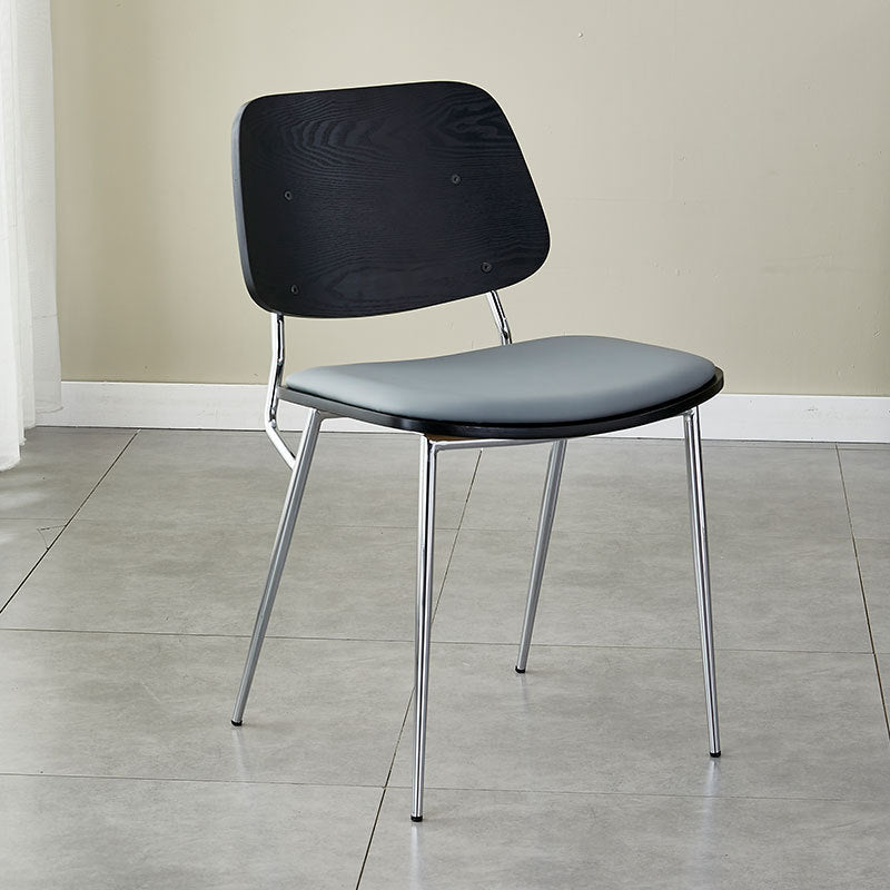 Scandinavian Leather Metal Dining Chair — Black Legs / Original Wood Color / Dark Brown