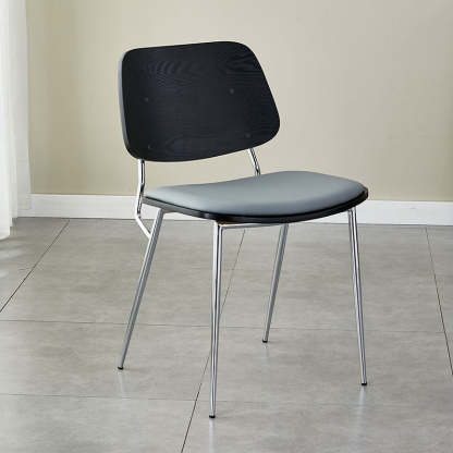 Scandinavian Leather Metal Dining Chair — Black Legs / Original Wood Color / Dark Brown