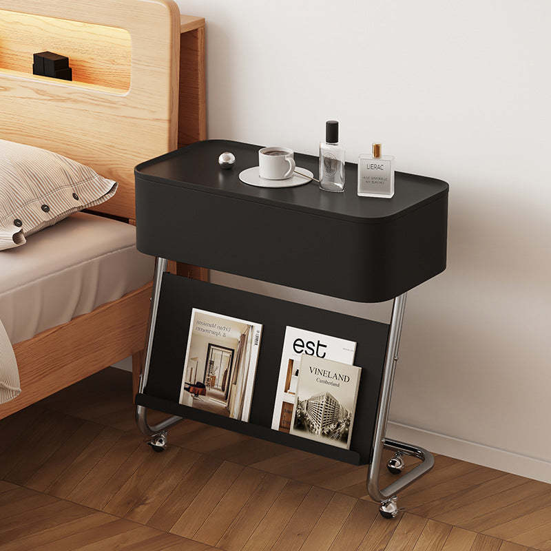 Minimalist Stainless Steel Swivel Nightstand 1-Cabinet — With Wheels / Stainless Steel / Black Table Top & Silver Frame