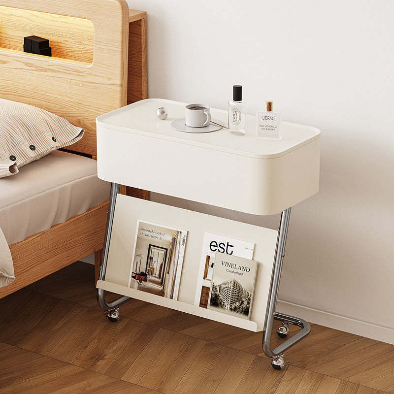 Minimalist Stainless Steel Swivel Nightstand 1-Cabinet — With Wheels / Stainless Steel / White Table Top & Silver Frame