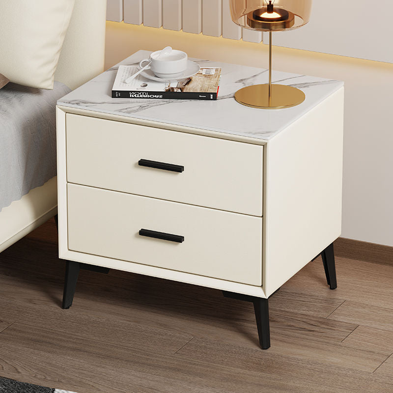 Modern Microfiber Leather Stone Veneer Nightstand 2-Drawer