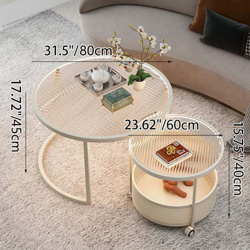 Nordic Glass Metal Round Movable Coffee Table 2-Tier — White & Transparent Table Top - Movable & With Light