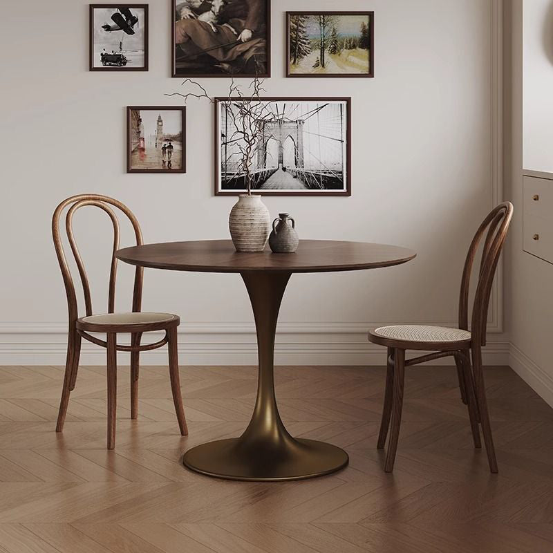 Retro Round Walnut Copper Rattan Dining Table