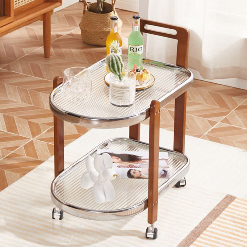 Japanese Oval Wood Steel Glass 2-Tier End Table