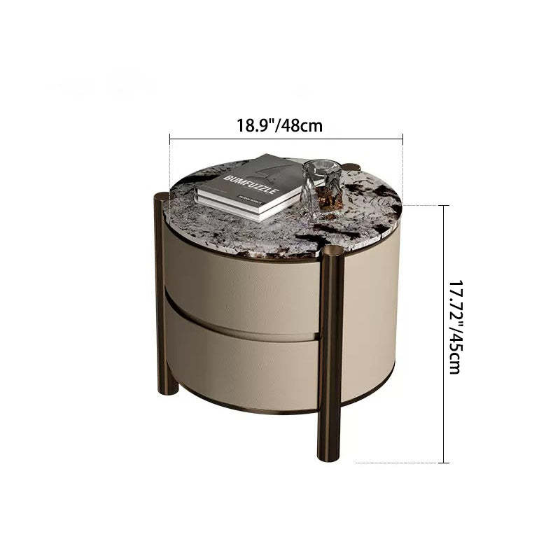 Modern Marble Solid Wood Round Nightstand 2-Drawer