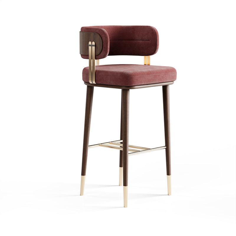 Modern Flannel Wood-Leg Low-Back Bar Stool — Burgundy
