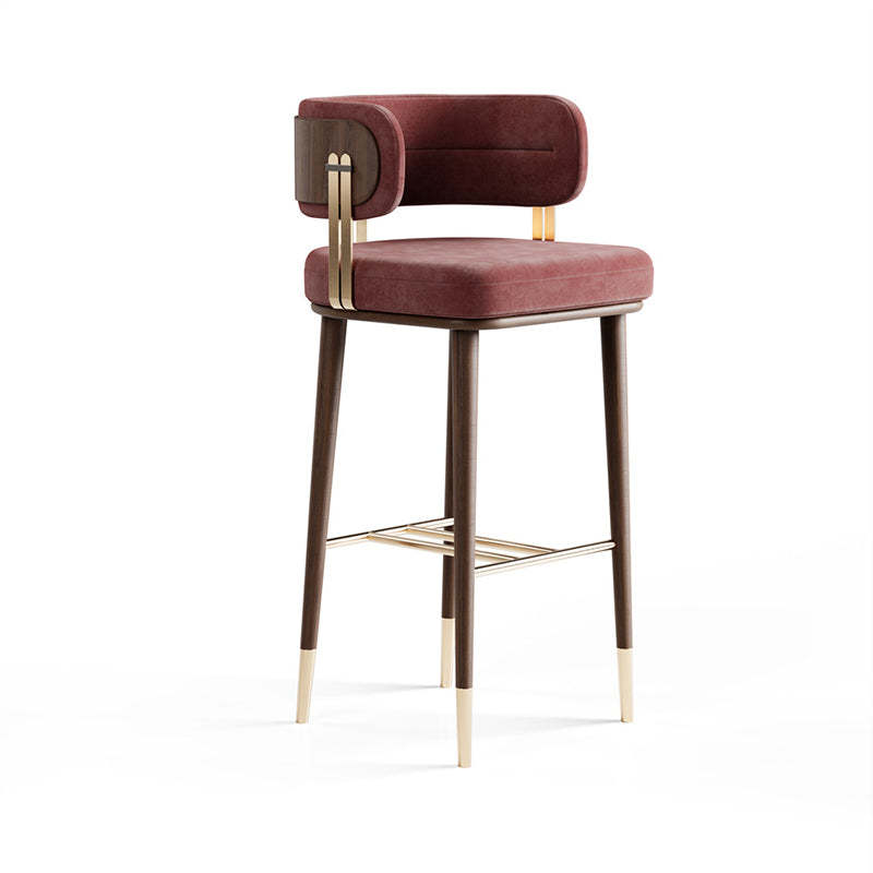 Modern Flannel Wood-Leg Low-Back Bar Stool — Burgundy