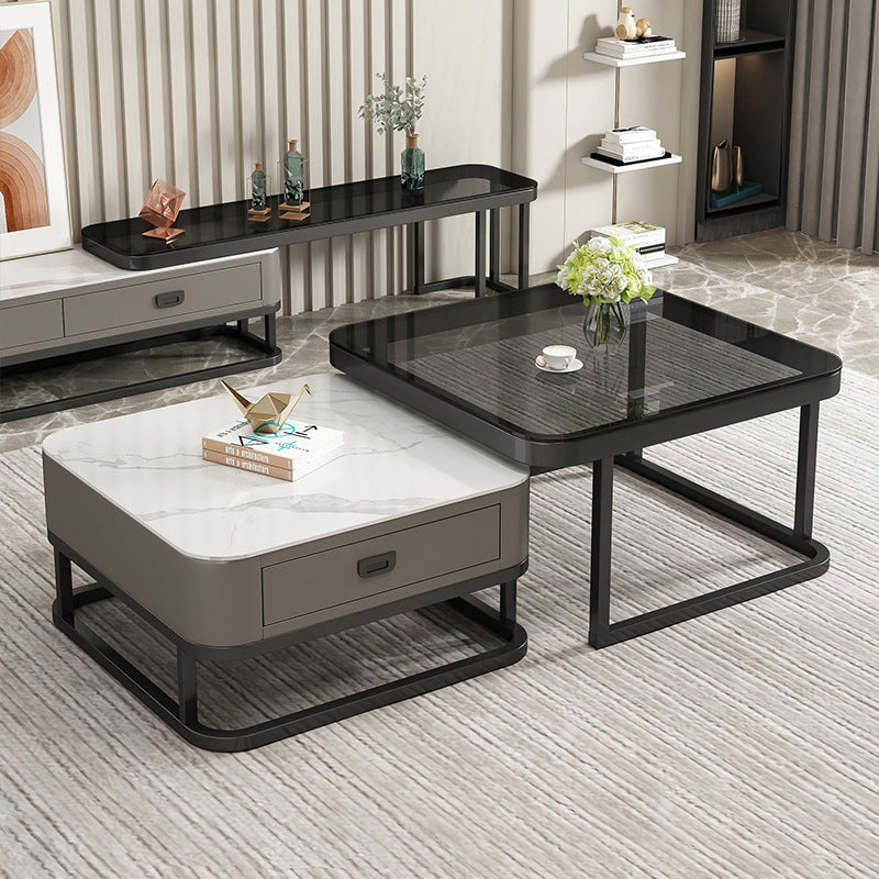Minimalist Rock Slab Glass Square Coffee Table 1-Drawer