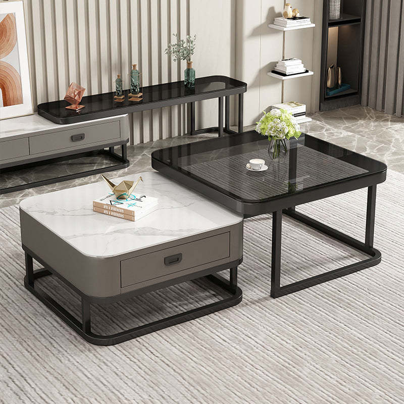 Minimalist Rock Slab Glass Square Coffee Table 1-Drawer — Black Frame + White Tabletop + Gray Drawer