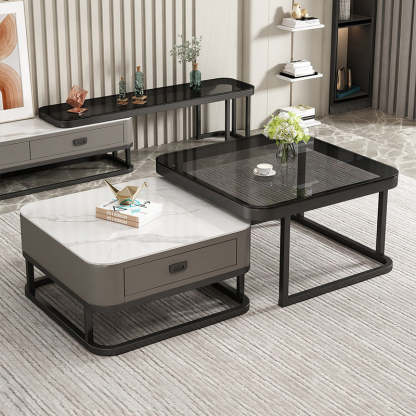 Minimalist Rock Slab Glass Square Coffee Table 1-Drawer — Black Frame + White Tabletop + Gray Drawer