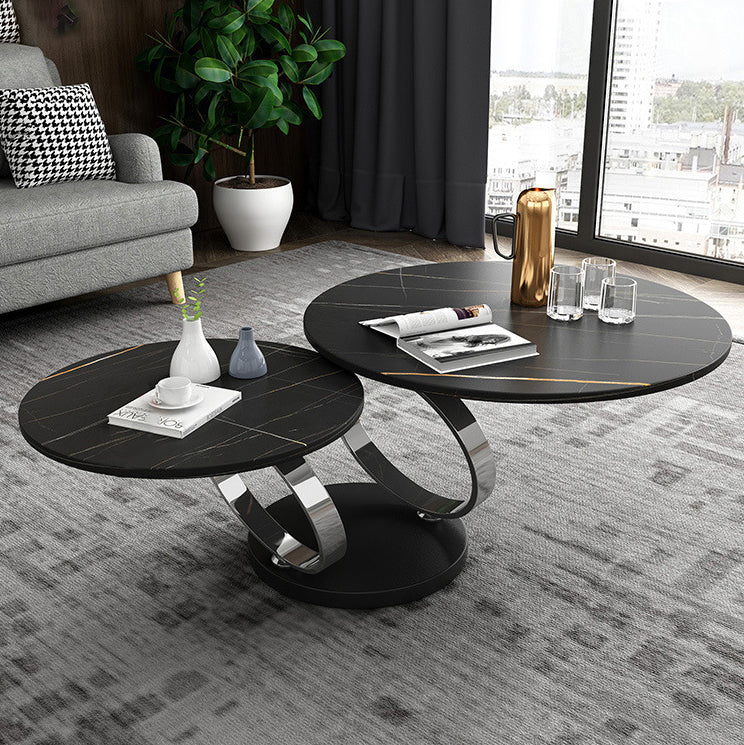 Nordic Round Slab Steel 2-Shelf Coffee Table — Black Table Top + Chrome Frame