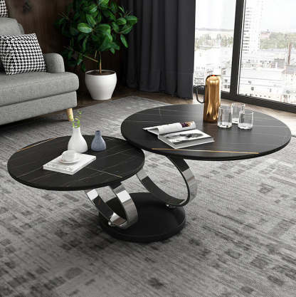 Nordic Round Slab Steel 2-Shelf Coffee Table — Black Table Top + Chrome Frame