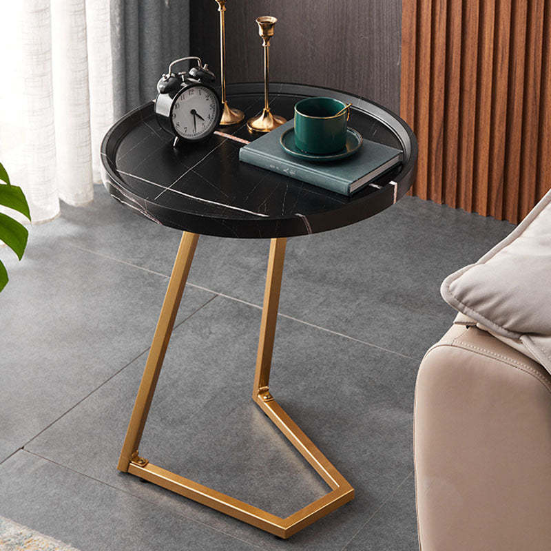 Modern Round Engineered Wood Iron Movable End Table — Black / Walnut Color