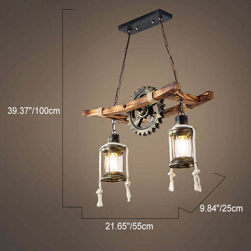 Vintage Industrial Wood Metal Island Chandelier