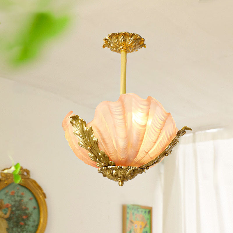 French Shell Brass Glass Chandelier