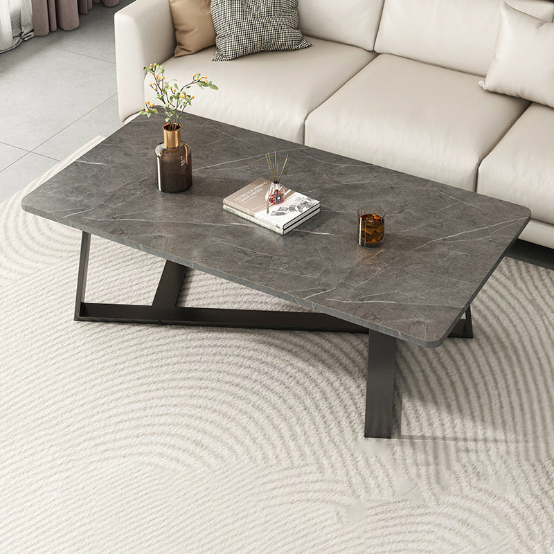Minimalist Rectangular Rock Slab Steel Coffee Table — White