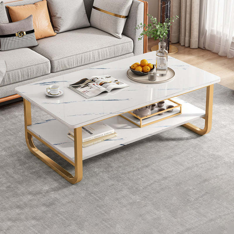 Minimalist Stainless Steel Rectangular Coffee Table 2-Tier — White