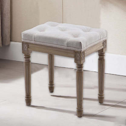 Vintage Rectangular Wood Fabric Stool — Beige