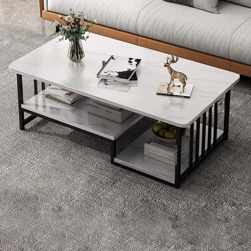 Contemporary Marble Rectangular Coffee Table 2-Tier Storage — White Tabletop + Black Frame
