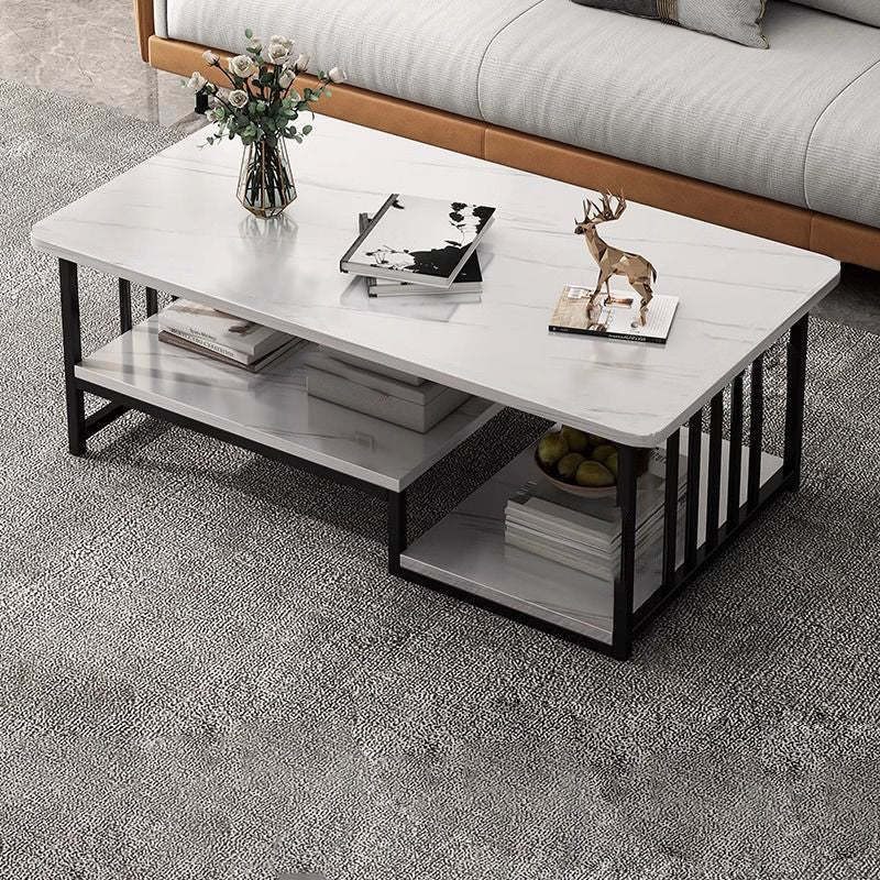 Contemporary Marble Rectangular Coffee Table 2-Tier Storage — White Tabletop + Black Frame