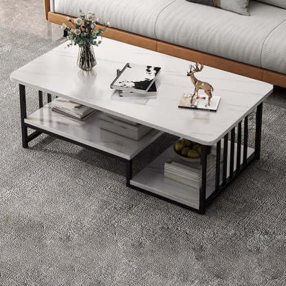 Contemporary Marble Rectangular Coffee Table 2-Tier Storage — White Tabletop + Black Frame