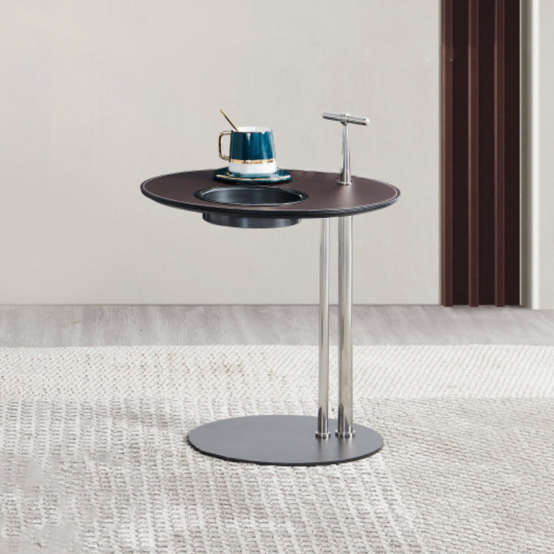 Minimalist Saddle Leather Round Side Table Storage — Gray