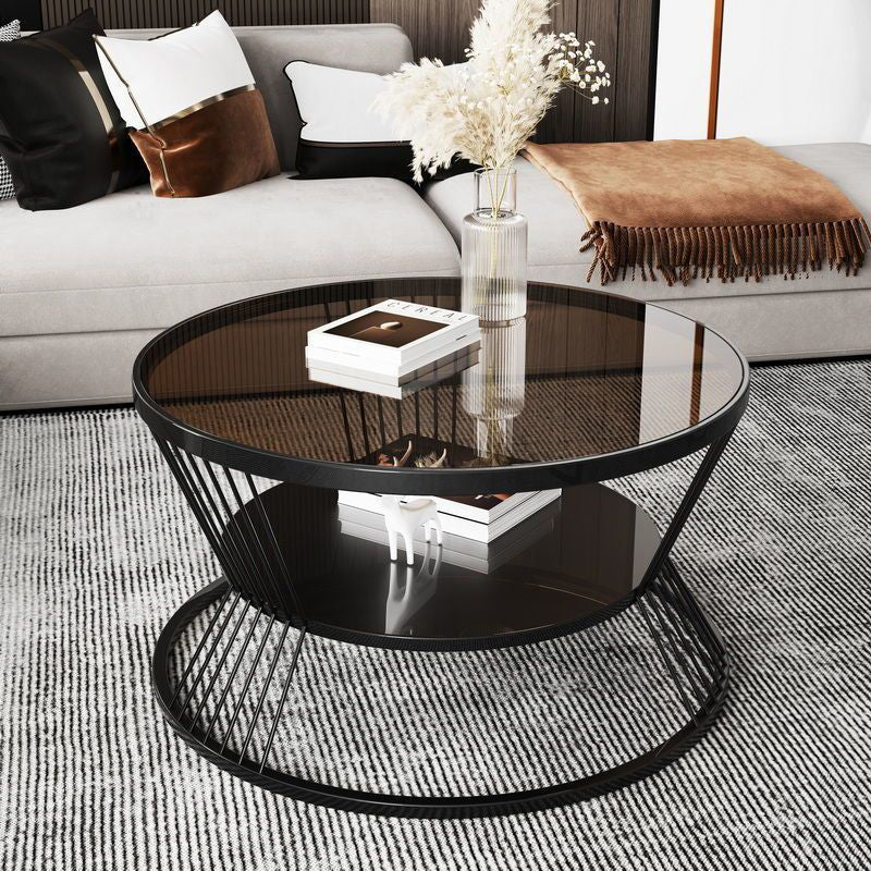 Modern Tempered Glass 2-Tier Coffee Table — Black Frame - Brown Tempered Glass