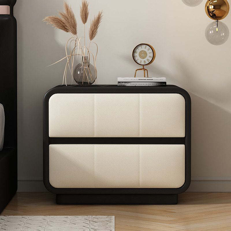 Microfiber Leather Wood 2-Drawer End Table — Black Frame & Black Stripe + Off-White Finish