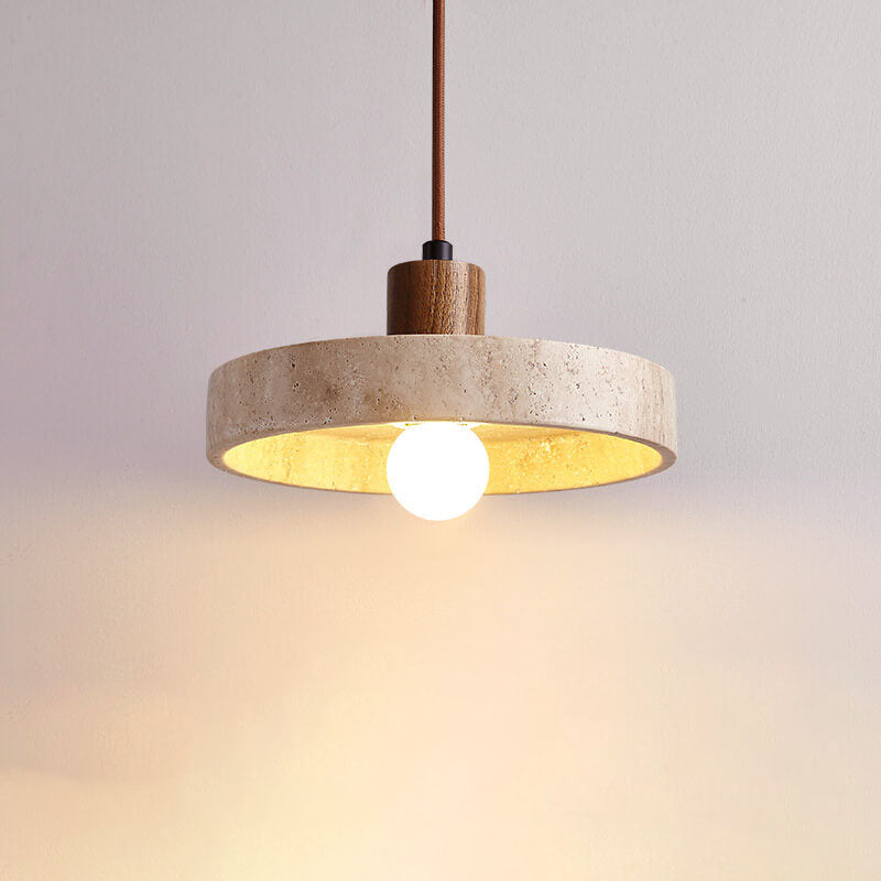 Japanese Solid Wood Disc Yellow Travertine Pendant Light