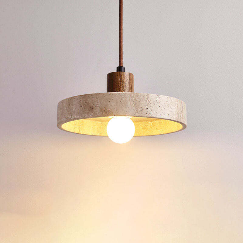 Japanese Solid Wood Disc Yellow Travertine Pendant Light