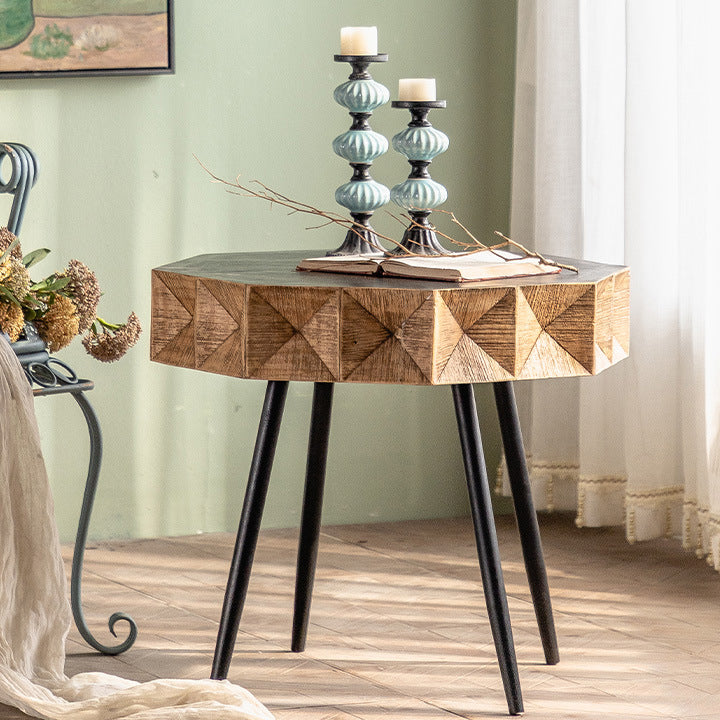 Vintage Distressed Wood Iron Splayed-Leg Polygon Side Table