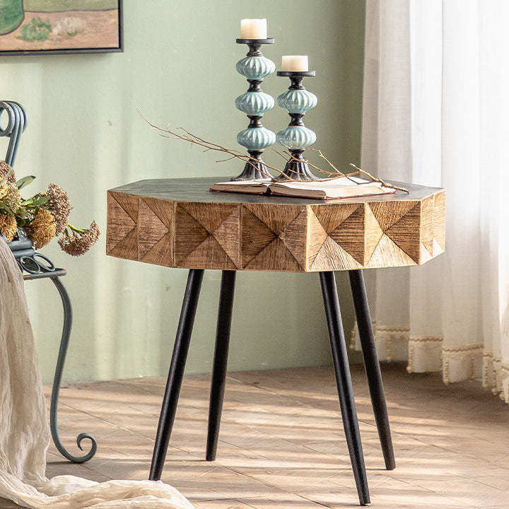 Vintage Distressed Wood Iron Splayed-Leg Polygon Side Table — Wood Color