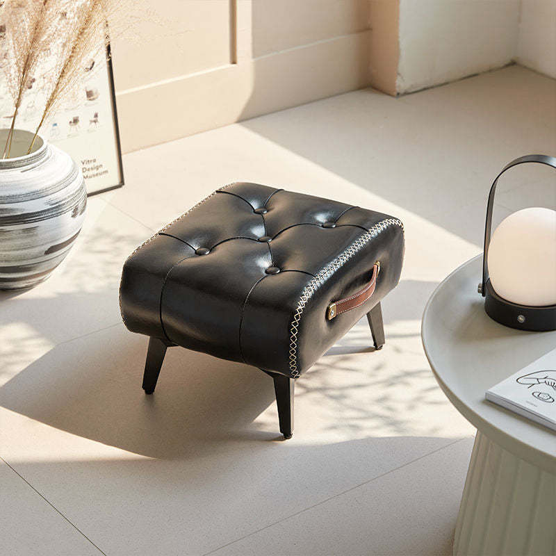 Modern Tufted Faux Leather Portable Footstool — Black