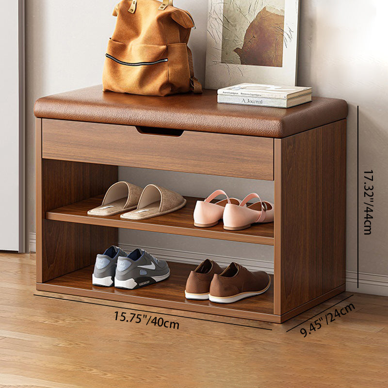 Minimalist Fabric PU Leather Wood 3-Tier Shoe Rack — Wood Color