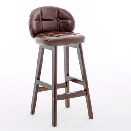 Minimalist Wood Leather Bar Stool — Dark Brown / Red